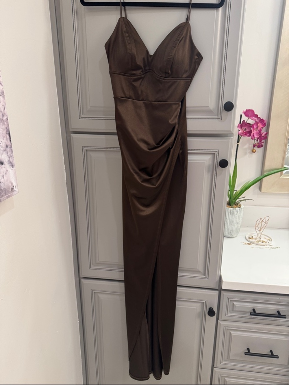 Honey and Rosie Spaghetti Strap Brown Evening Gown